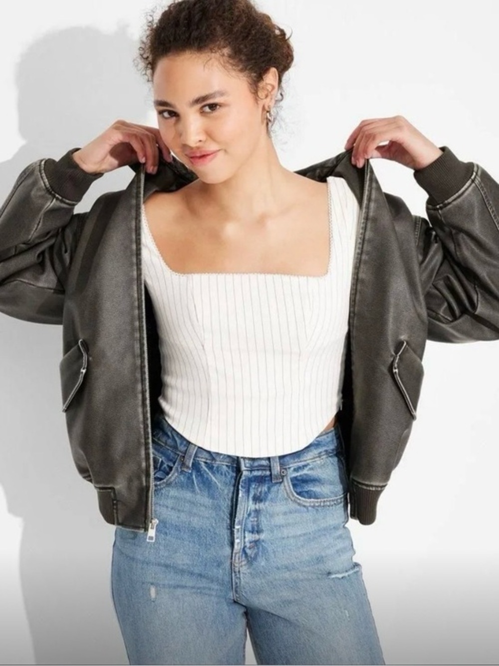 NWT Women’s wild fable Faux leather Black Bomber Jacket - Picture 1 of 4